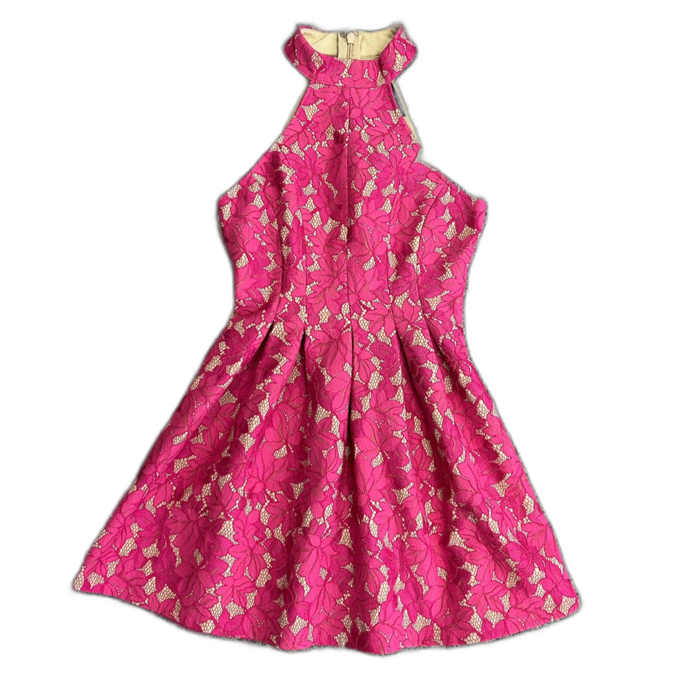 Lulus NWOT Seasons of Love Bright Pink Lace Halter Skater Mini Dress Size S - Picture 3 of 14
